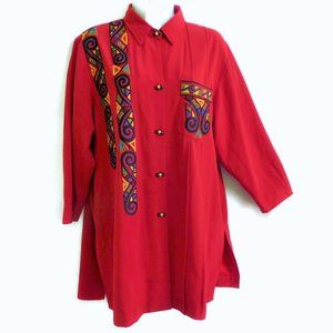 Vintage Tunic Red Tiki Embroidery Chest Pocket Three Quarter Sleeves Vents XL